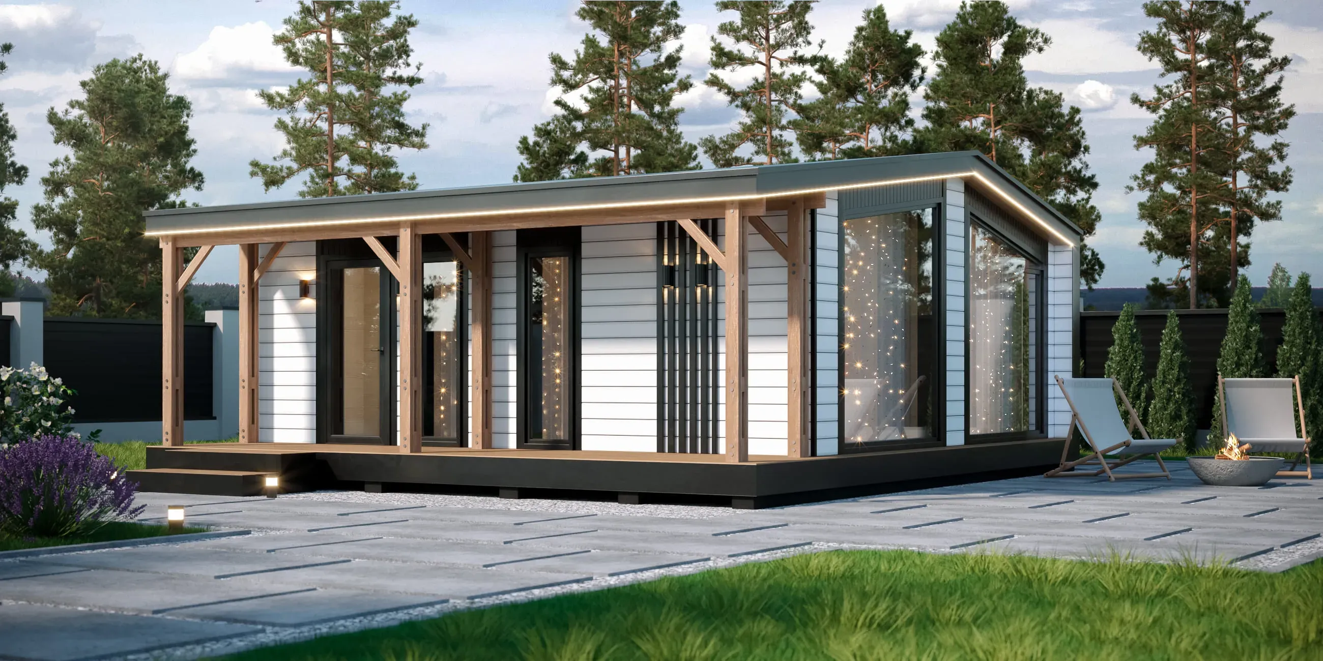 Модульный дом Modul Rock со светлым фасадом, террасой и панорамным остеклением